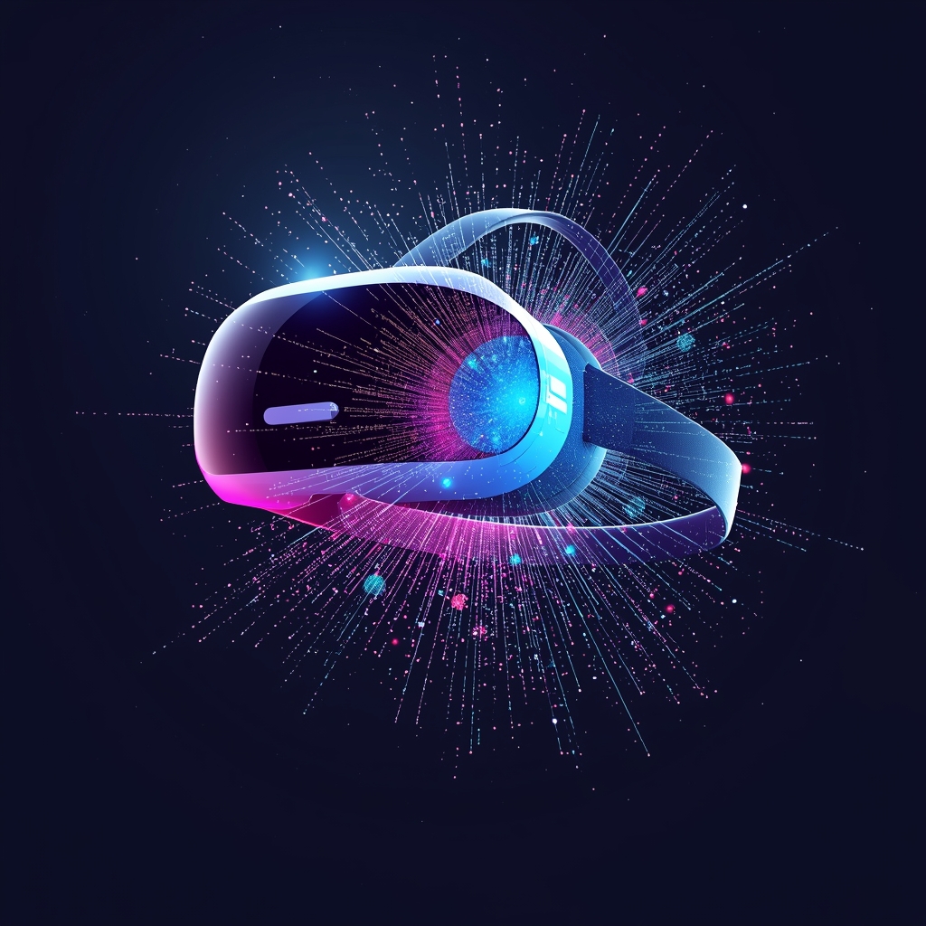 A conceptual 3D render of a virtual reality headset interacting with a burst of creative particles, cosmic background, high-end digital design. No people.